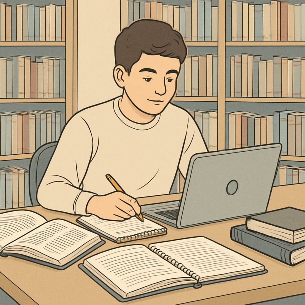 A high school student using a laptop at a library, surrounded by books and study materials. A high school student studying with extracurricular learning resources.