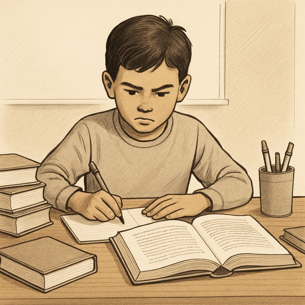 A young student studying with educational materials, demonstrating perseverance in overcoming learning difficulties. A student engaged in study with materials supporting learning difficulties, exemplifying determination.