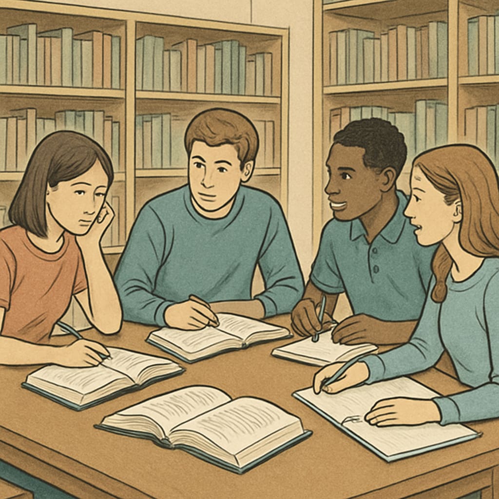 Students in a library participating in a group study session, illustrating collaborative learning. High school students engaging in collaborative learning and using free resources.