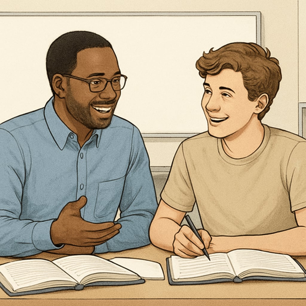 A mentor discussing study plans with a high school student, both smiling and engaged in conversation. A mentor providing guidance as an extracurricular learning resource.