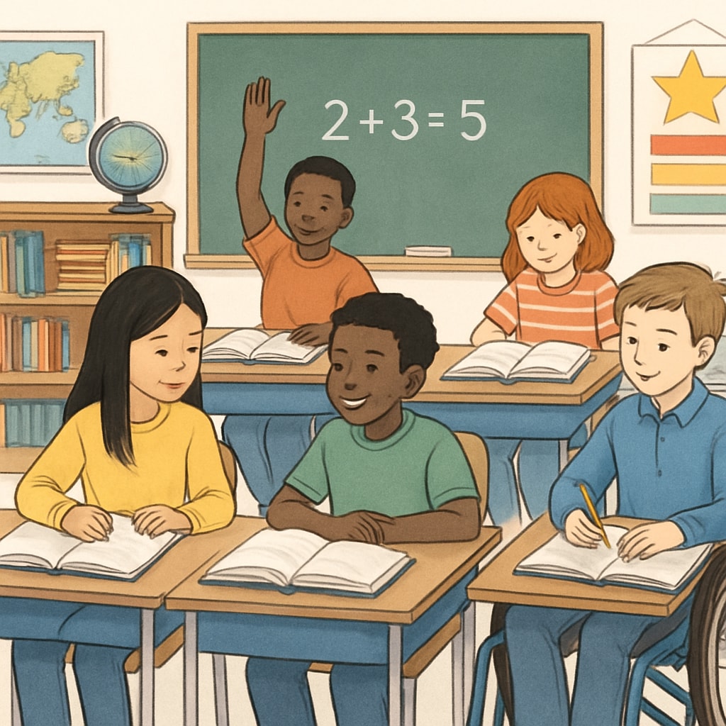 A classroom setting with diverse students, illustrating inclusivity and support for learning difficulties. A classroom showcasing diverse learners and inclusive teaching methods for overcoming difficulties.