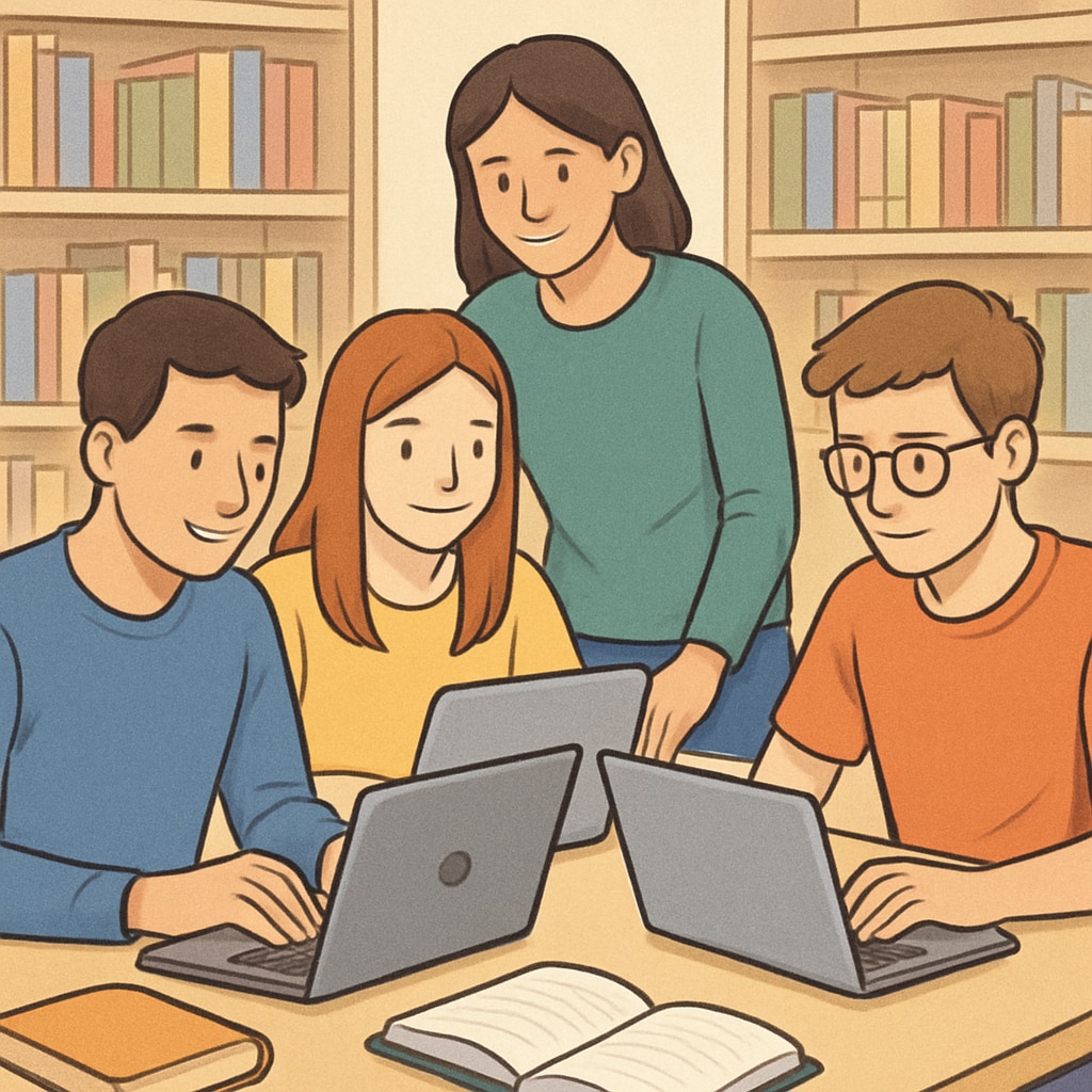 A group of students collaborating on laptops in a library or virtual setup, symbolizing modern study groups. Students working together on laptops for a study group, representing collaboration.