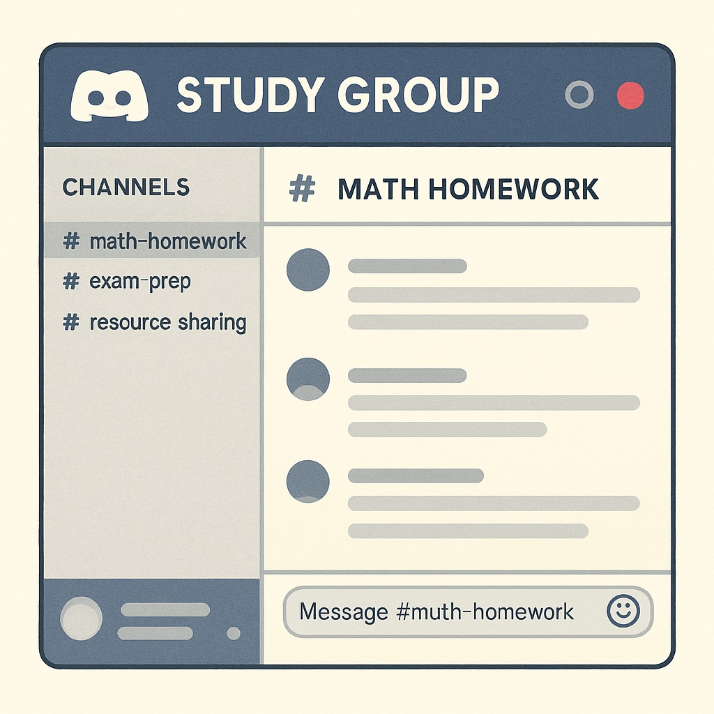 A screenshot or illustration of a Discord server organized for a study group, with labeled channels such as Discord server screenshot displaying channels for study group organization.