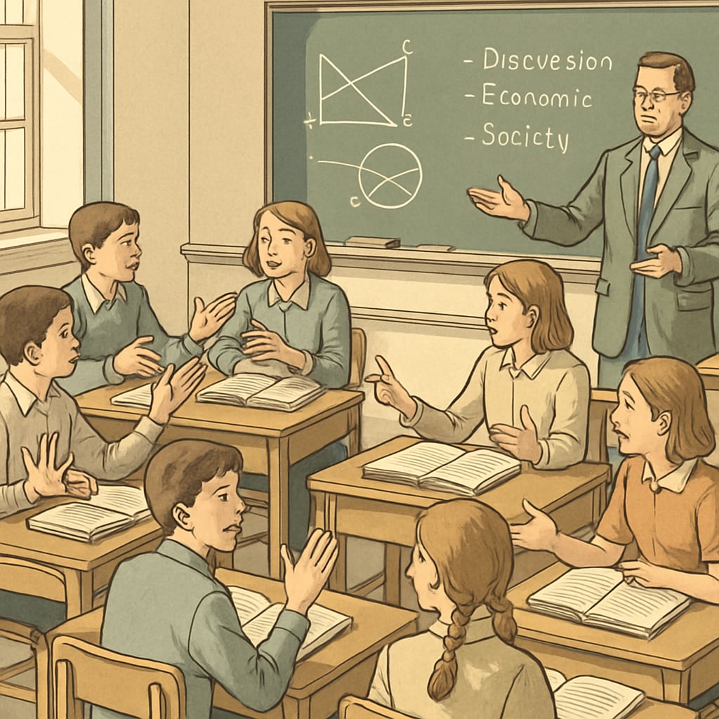 An old classroom setting featuring classical texts and students engaged in Socratic debate. Classical education classroom with students reading foundational texts.