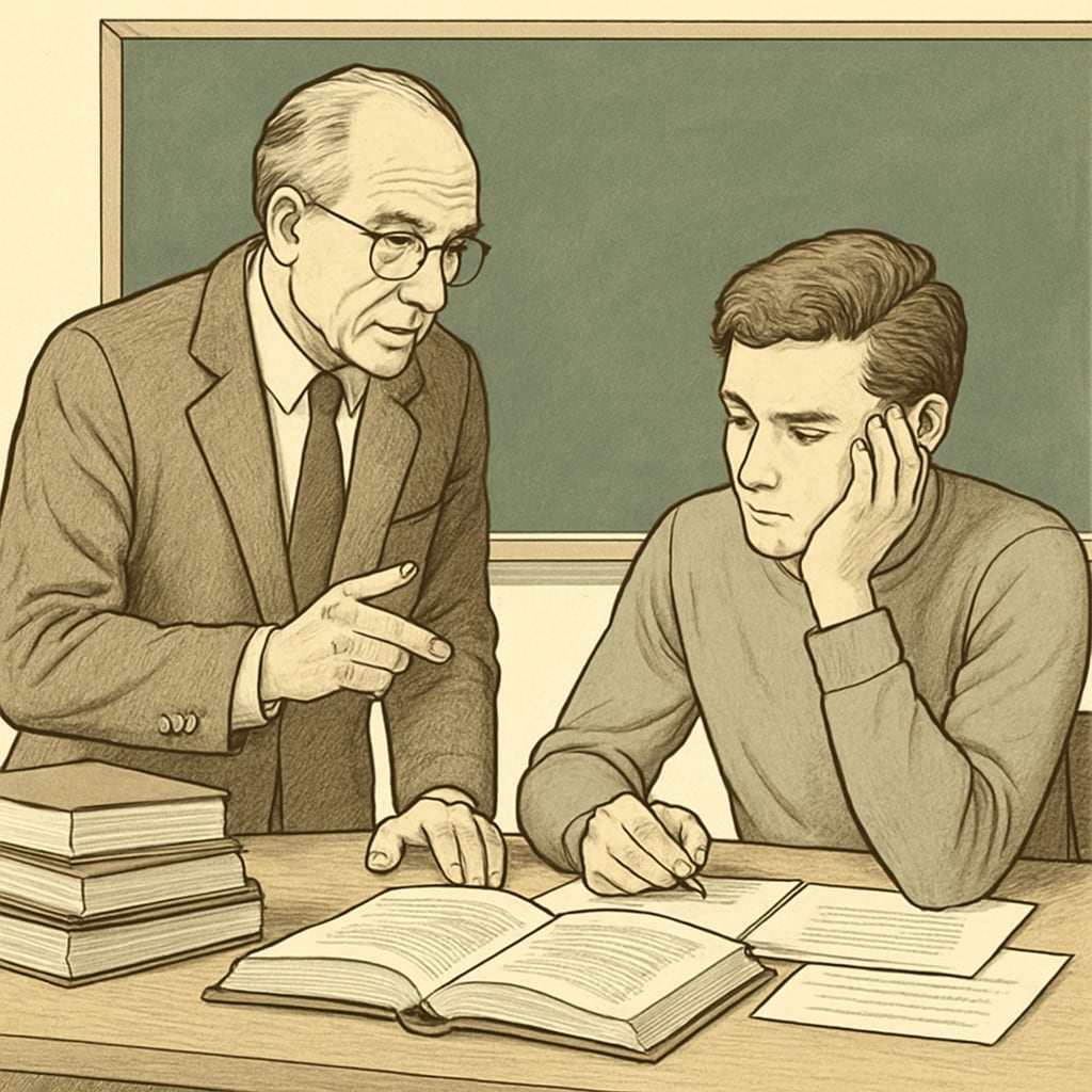 A classroom setting where a professor and a student are engaged in a discussion about academic work, symbolizing collaboration and understanding. A professor discussing academic work with a student to ensure clarity and integrity.