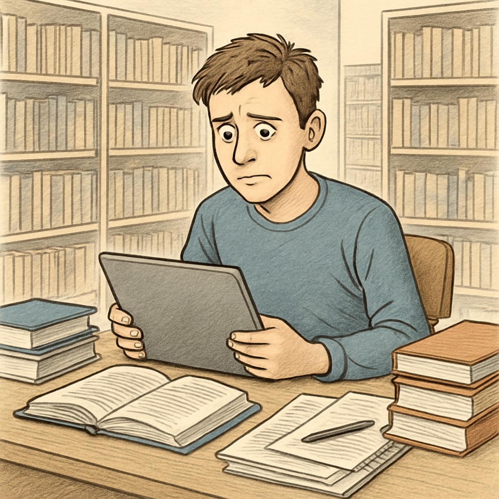 A stressed student facing potential plagiarism accusations.