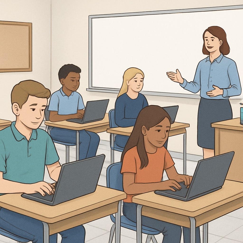 A modern classroom with students using laptops, illustrating the contrast with traditional learning methods. Modern classroom with technology contrasting classical methods.