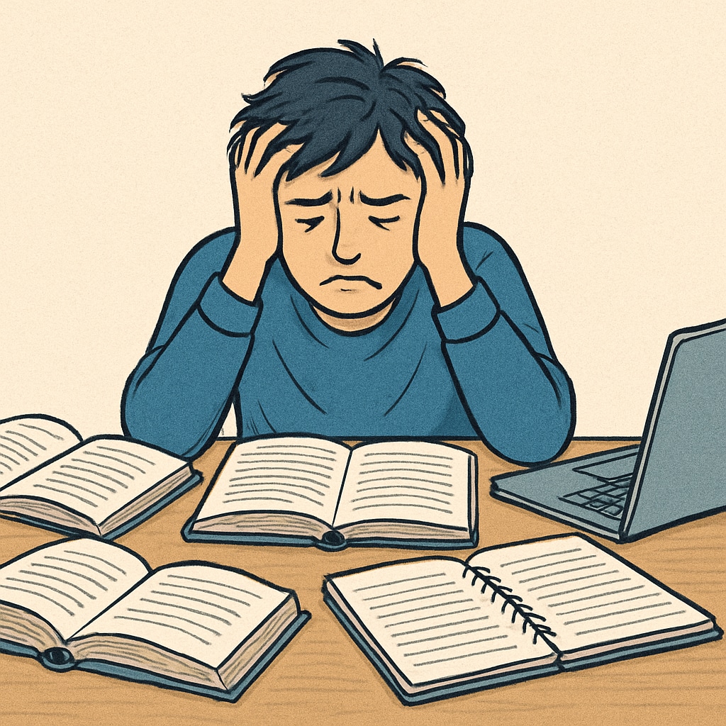 A distressed student sitting at a desk surrounded by books and a laptop, capturing the emotional toll of academic stress and unfair accusations. A student experiencing stress due to academic challenges, including unjust plagiarism claims.