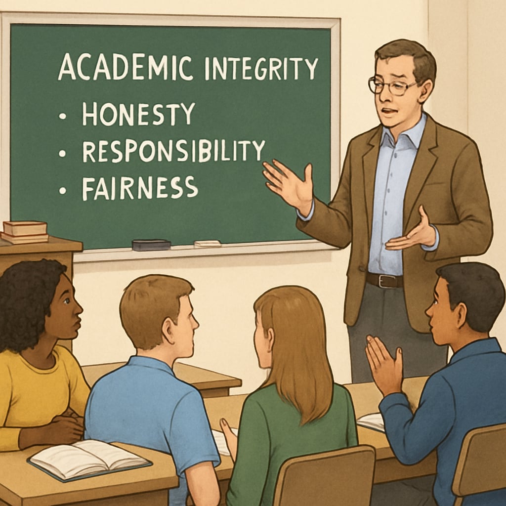 A professor discussing academic integrity with students.