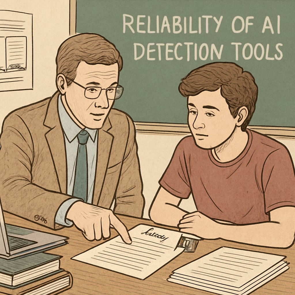 A teacher reviewing a flagged essay with a student, discussing the reliability of AI detection tools. Teacher and student discussing an essay flagged by an AI detection tool.