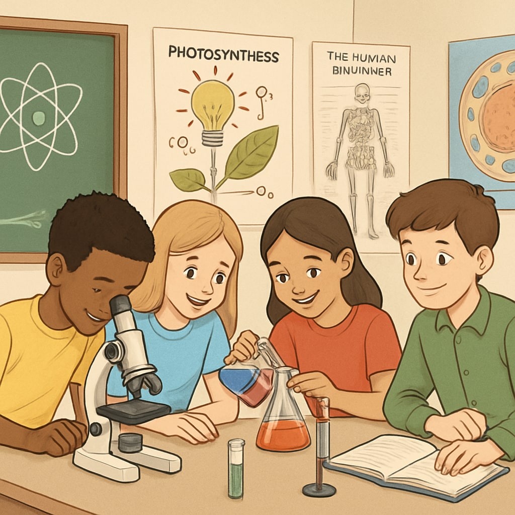 A classroom with students collaboratively working on science experiments, with visual aids like charts and diagrams displayed prominently. ELL students participating in science experiments with supportive visual aids.