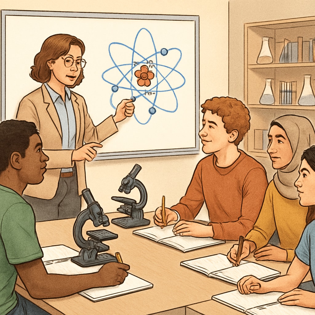 A teacher explaining a science concept to a group of diverse high school students in a classroom setting. The image showcases inclusivity and engagement in science education. A teacher supporting English learners with science concepts in a classroom