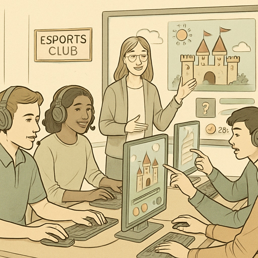 A group of students in an esports club, engaging with a game-based learning platform. Students learning through a gamified platform in an esports club, GameClass and NASEF collaboration