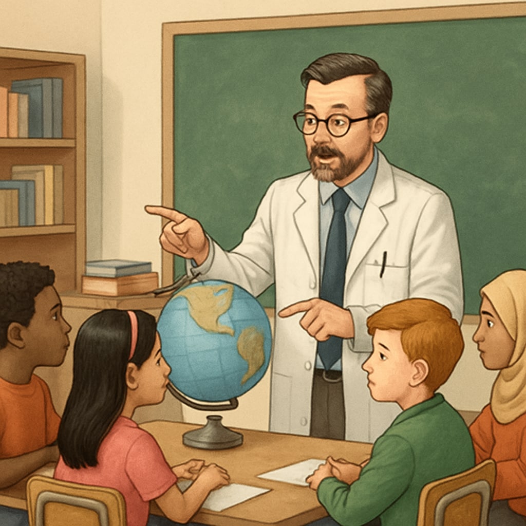 A science teacher showing a diverse group of students a globe and explaining the contributions of scientists from different cultures. A teacher highlighting culturally diverse scientific contributions in a classroom.