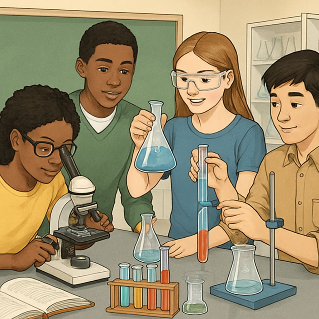 A diverse group of students conducting a science experiment in a high school laboratory. The image highlights hands-on learning and collaborative activities. High school students conducting a science experiment with teacher support
