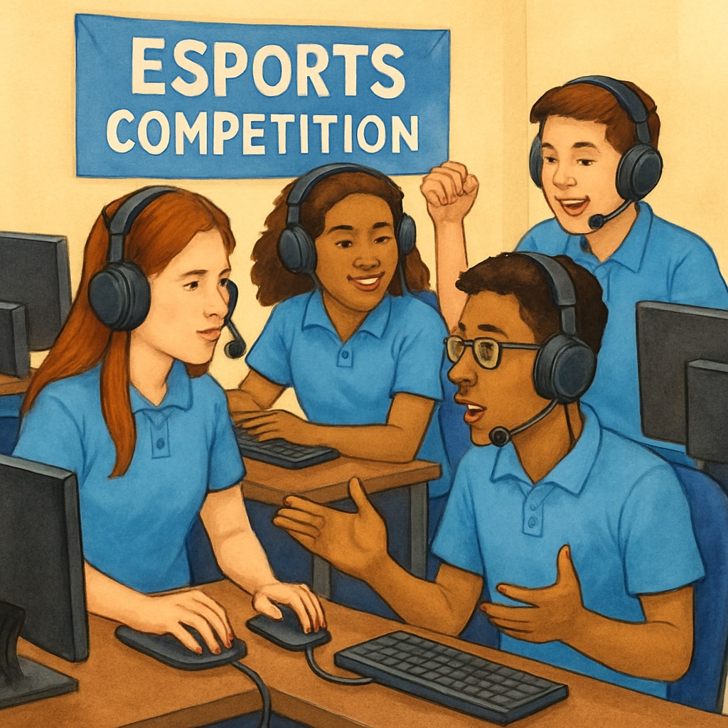 An esports competition with students working together, showcasing teamwork and communication skills. Students collaborating in an esports competition, highlighting teamwork and learning
