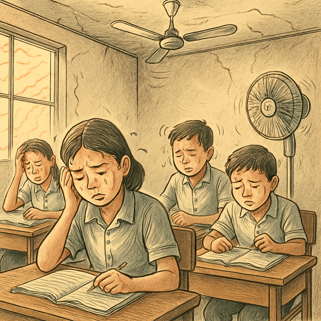 A classroom in a marginalized community with students studying under extreme heat conditions, showcasing the challenges of inadequate cooling infrastructure. Students studying in extreme heat conditions in a marginalized community.