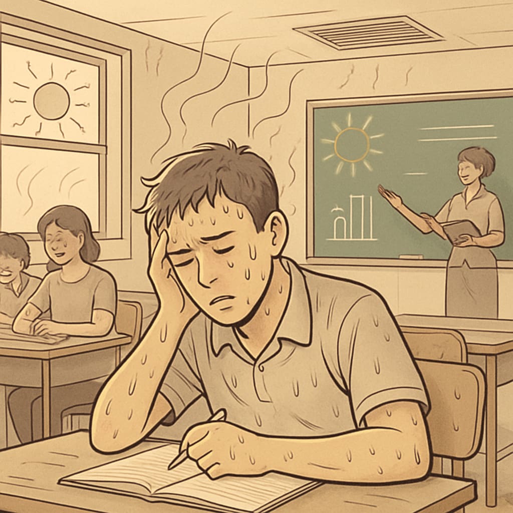 A student struggling to focus in a poorly ventilated classroom, emphasizing the cognitive challenges posed by extreme heat during learning. Student experiencing difficulty concentrating in a hot classroom.