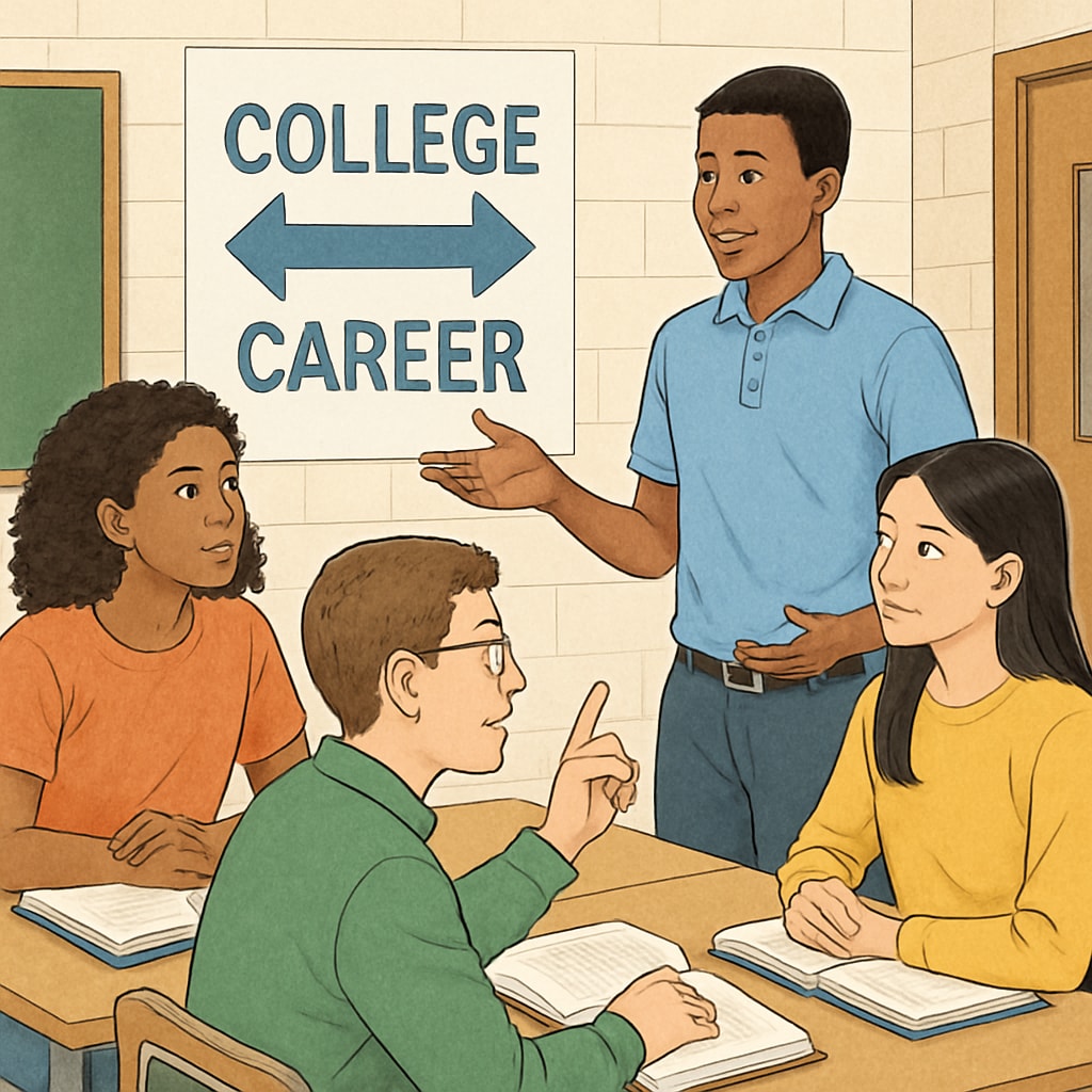 A group of diverse students discussing academic pathways in a school setting. Students discussing pathways from corrective diplomas to traditional diplomas.