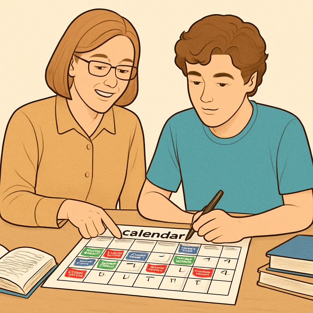 Parent and teen planning work and school schedule.