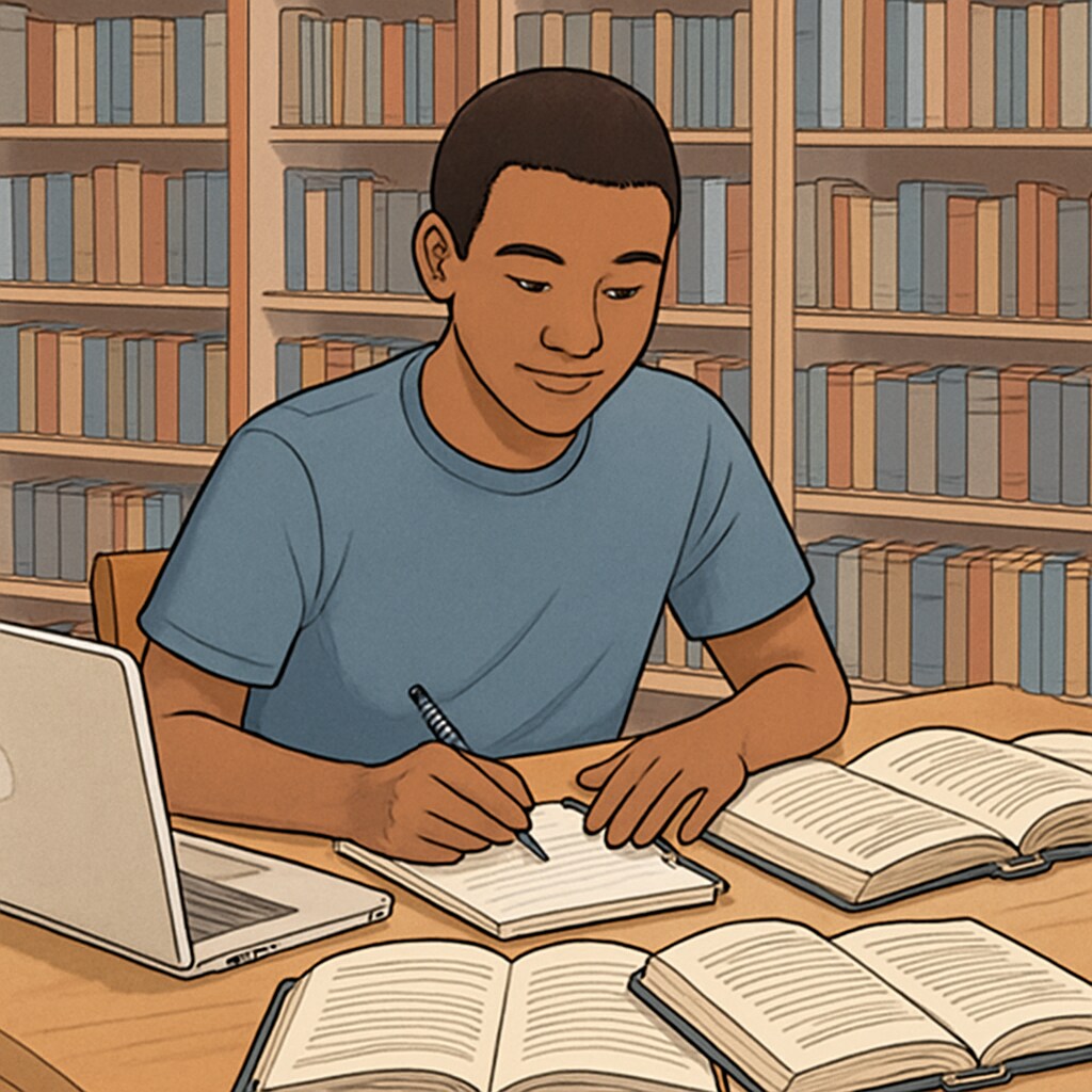 A student studying at a community college library, surrounded by books and a laptop. A student exploring educational opportunities after obtaining a corrective diploma.