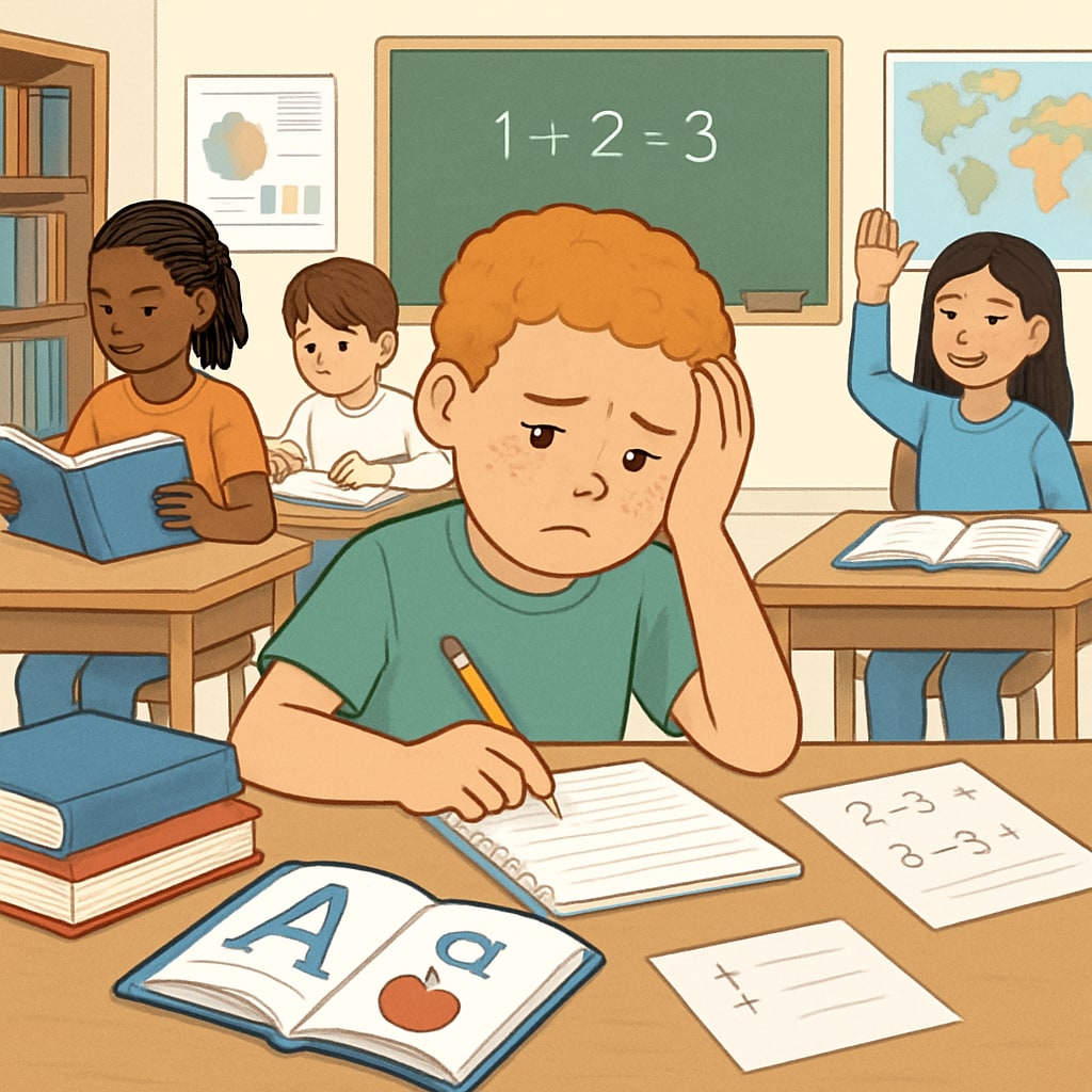 A student with learning disabilities studying in a classroom setting, highlighting diverse learning needs. Student with learning disabilities studying