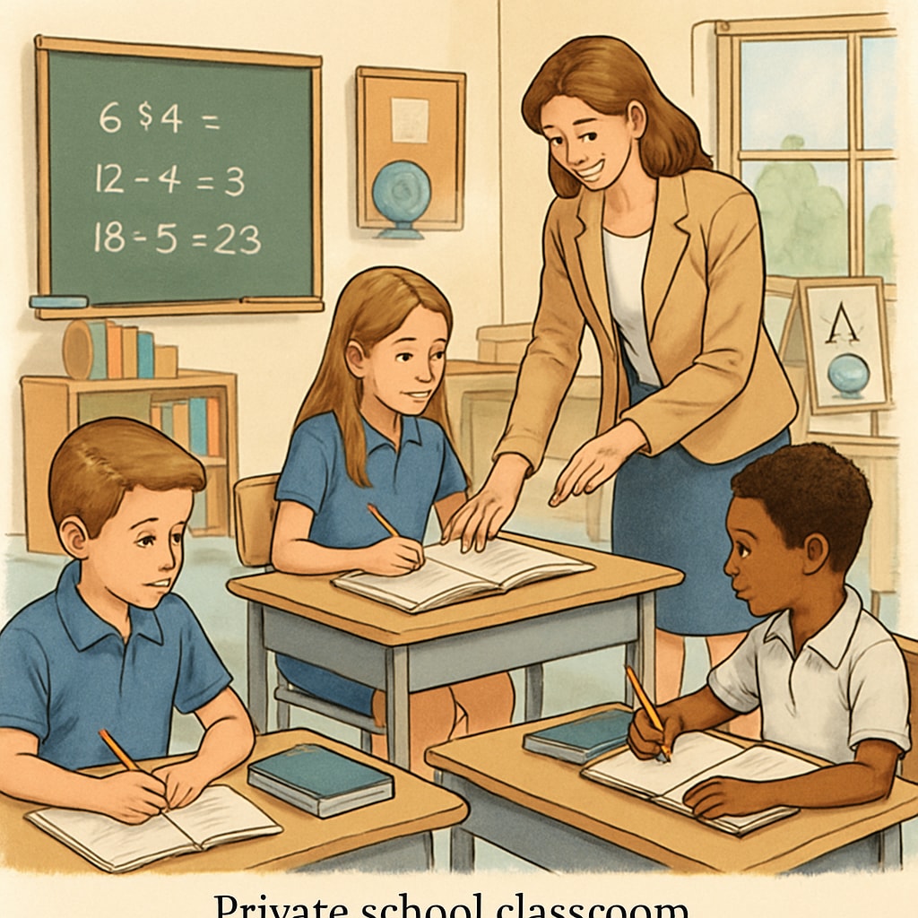 Private school classroom with teacher giving individual attention