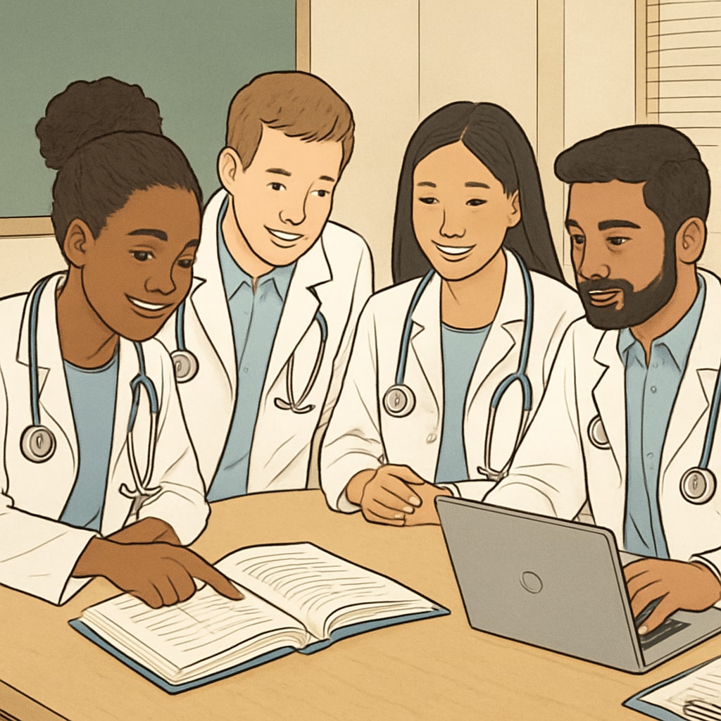A diverse group of medical students collaborating on a project, showcasing inclusivity in education. Diverse medical students collaborating