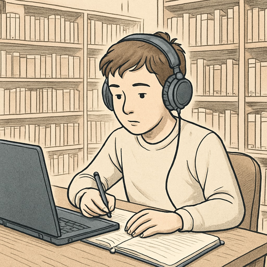 A student with learning difficulties studying in a library with supportive tools.