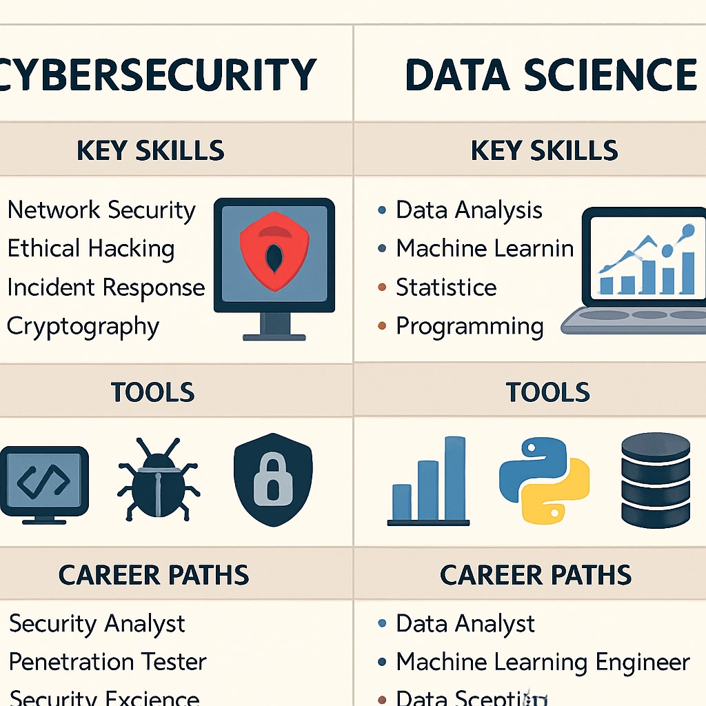 Cybersecurity and data science comparison chart for education and career planning.