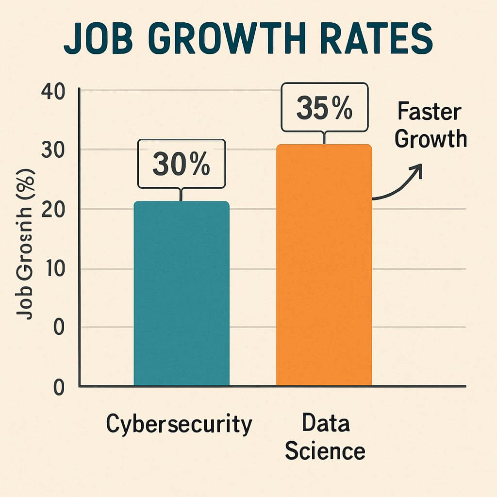 A chart comparing job growth rates between cybersecurity and data science professions. Job growth comparison chart for cybersecurity and data science.