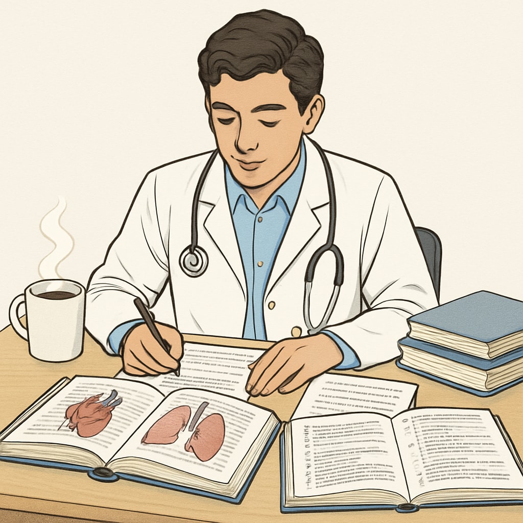 A stressed medical student sitting at a desk with study materials scattered around.