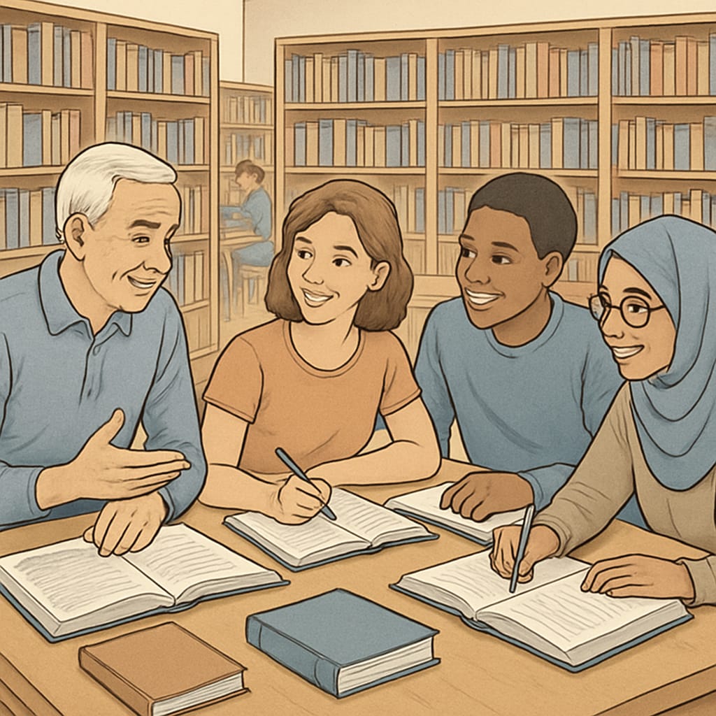 A group of students studying together, highlighting the inclusive nature of UK education pathways.