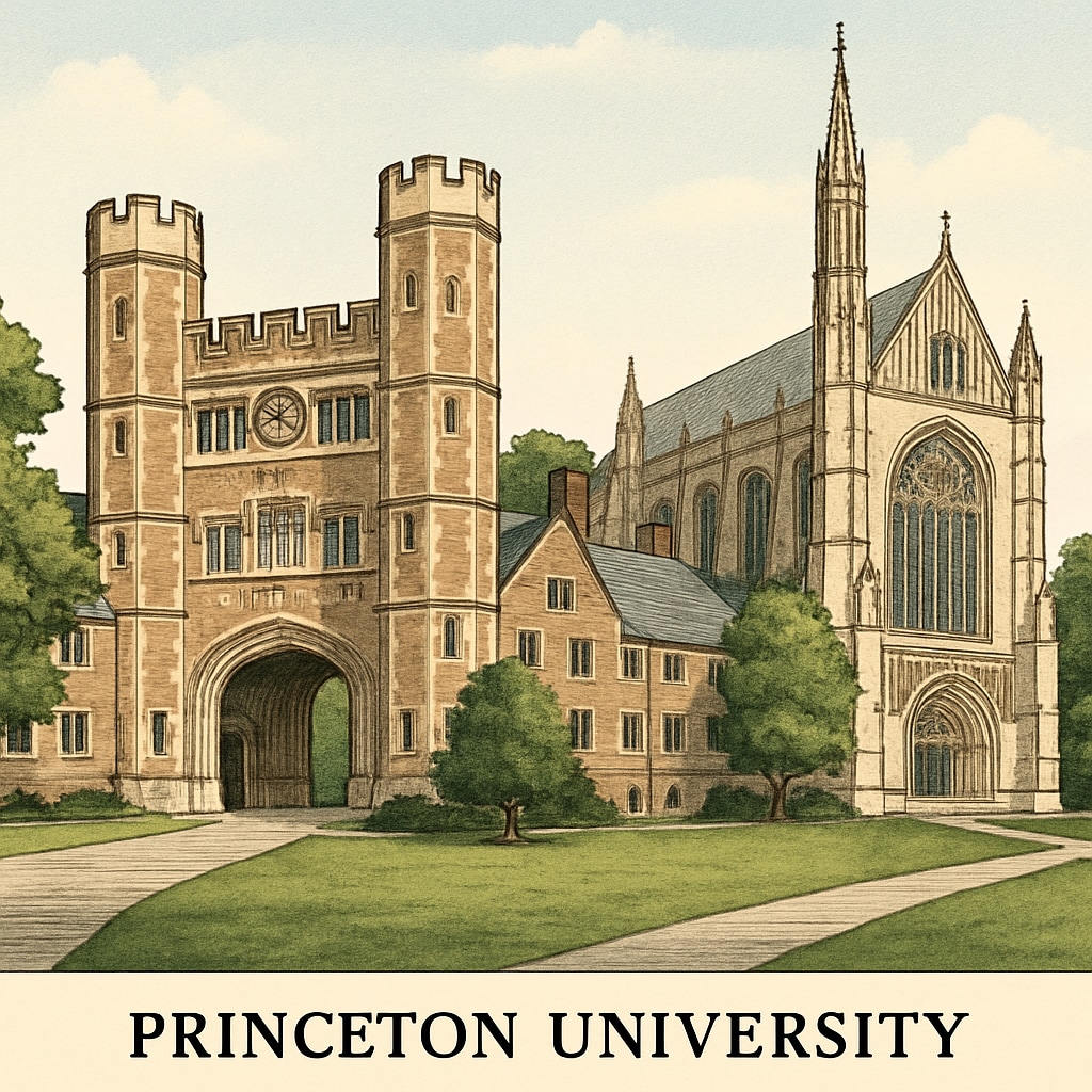 A campus view of Princeton University, highlighting its architectural beauty and elite reputation. Princeton University campus view, representing its elite reputation and prestige.