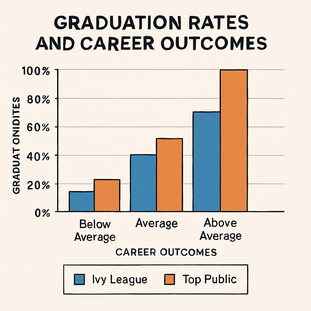 A comparative chart showing graduation rates and average career outcomes between Ivy League schools and top public universities. Comparison chart of graduation rates and outcomes between Ivy League and public universities.