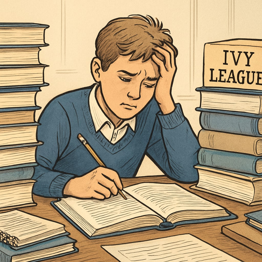 A stressed high school student surrounded by books, symbolizing the pressure of Ivy League aspirations. High school student stressed over Ivy League admissions pressure.