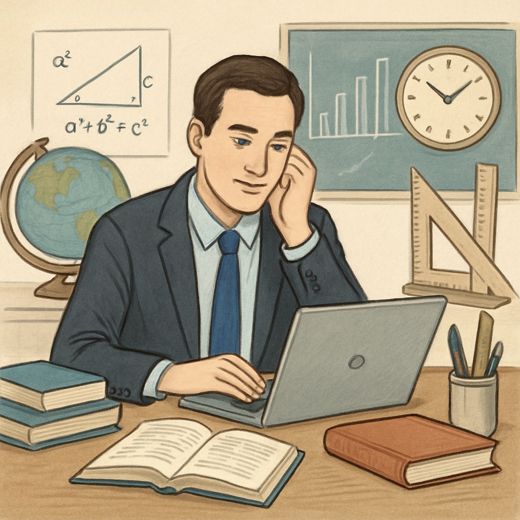A professional sitting at a desk with books and a laptop, symbolizing the balance between work and study. A professional balancing work and study with a laptop and textbooks.