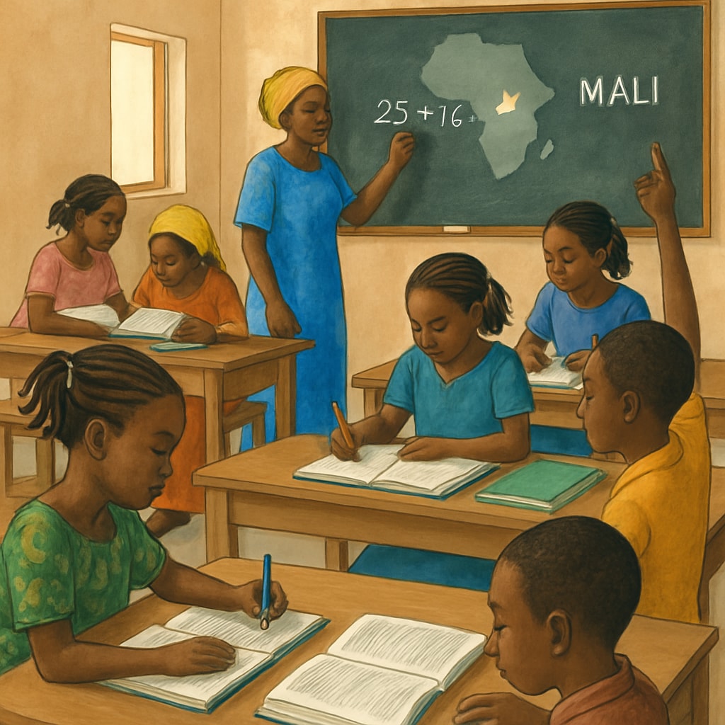 A classroom in Mali with students engaged in learning activities, highlighting the importance of educational resources. Students in a Malian classroom learning financial concepts as part of K12 education.