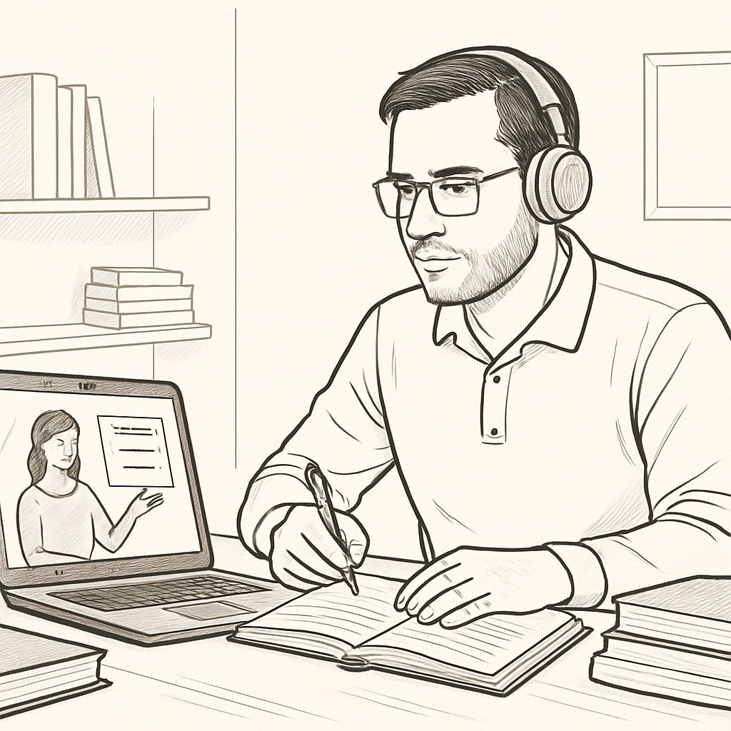 A student in their 30s participating in an online class, showcasing modern learning flexibility. A professional engaging in an online master’s degree class.