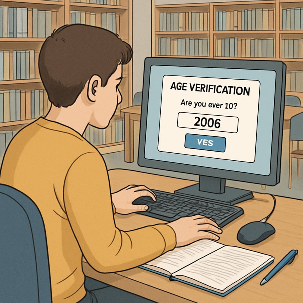 A student in a library using a computer, encountering an age verification pop-up on the screen. A student navigating an age verification prompt in a library setting.