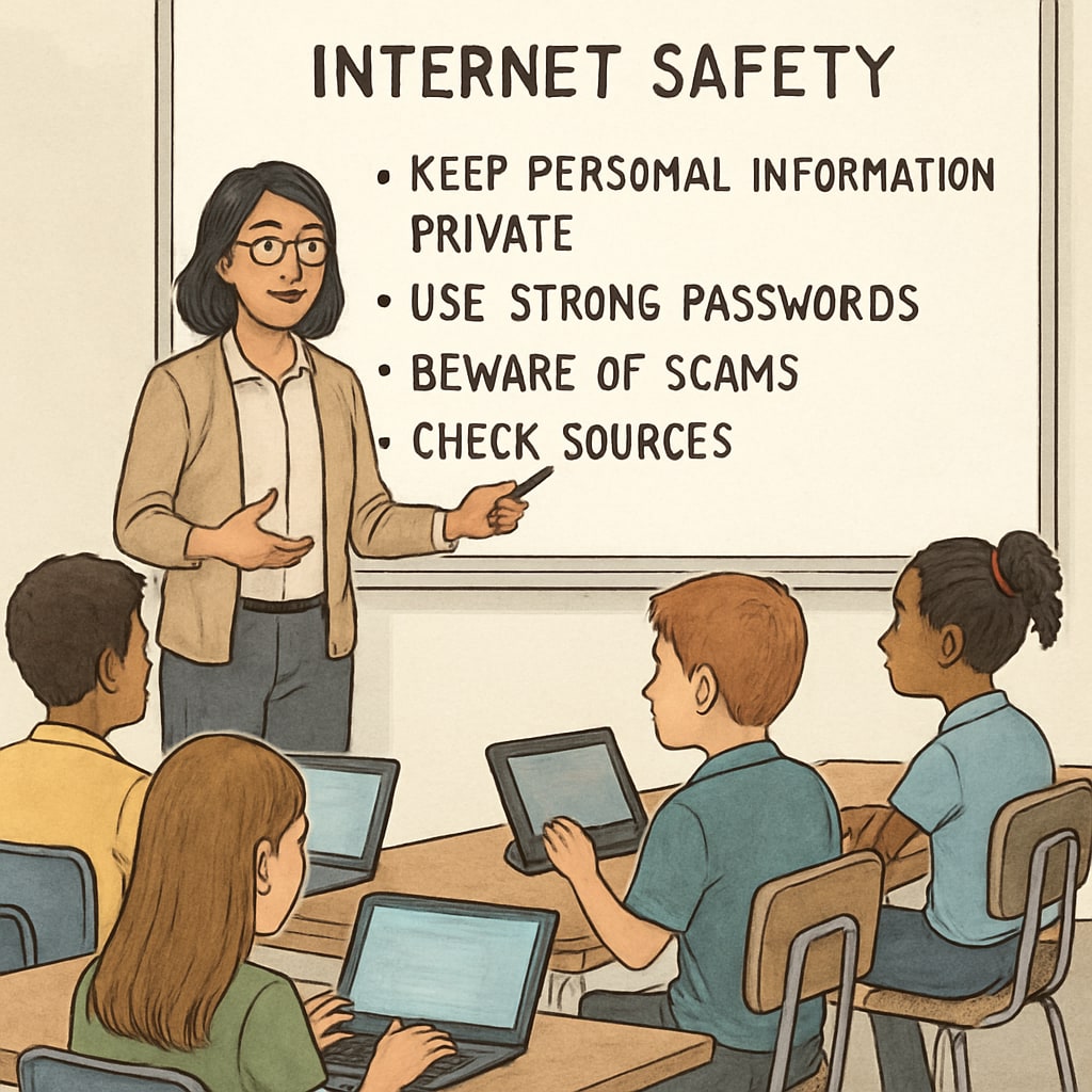 A teacher conducting a digital literacy class, with students learning about safe internet practices. A teacher teaching K12 students about safe and responsible internet use.