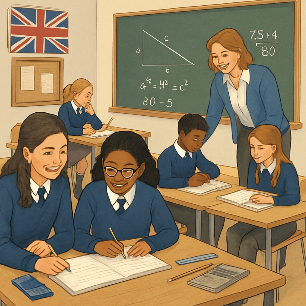 A classroom setting in the UK with students engaged in mathematics learning, representing a recovery-focused educational environment. UK classroom with students learning mathematics, symbolizing academic recovery.