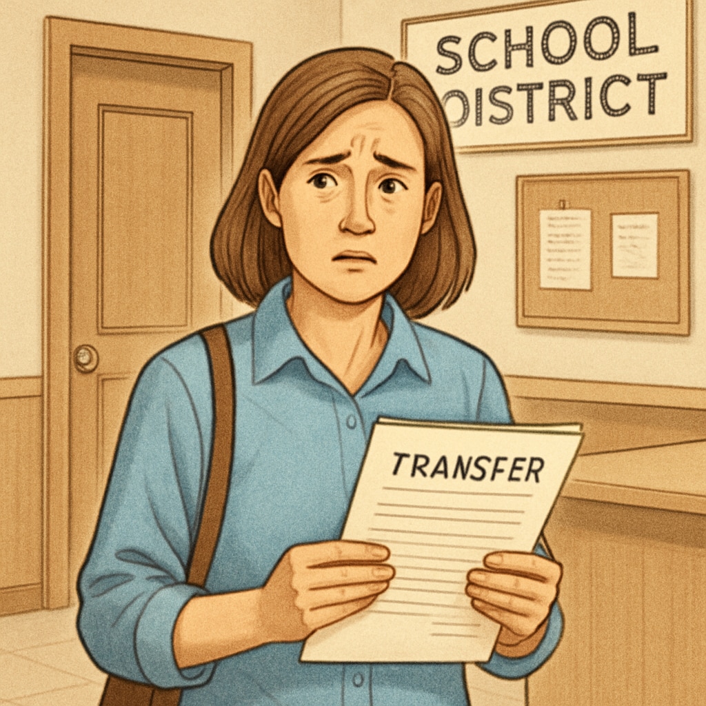 A concerned parent at a school district office, holding transfer documents. A parent seeking help with school transfer applications at a district office.