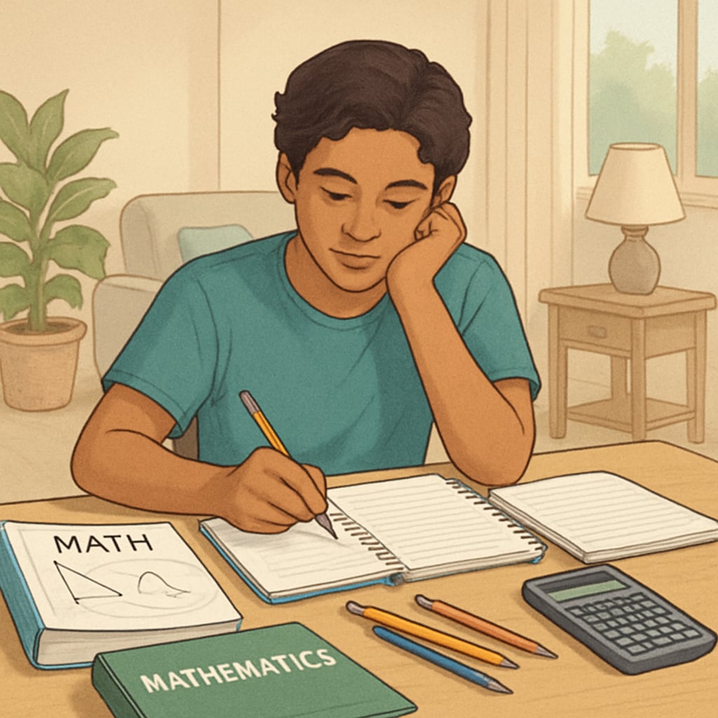 A young adult studying math at home, focusing on educational recovery.