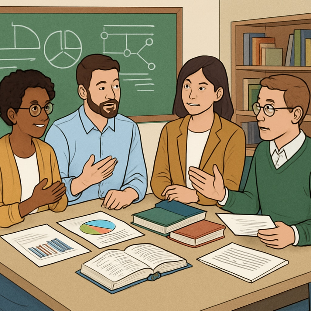 Diverse teachers discussing educational policies in a classroom setting.