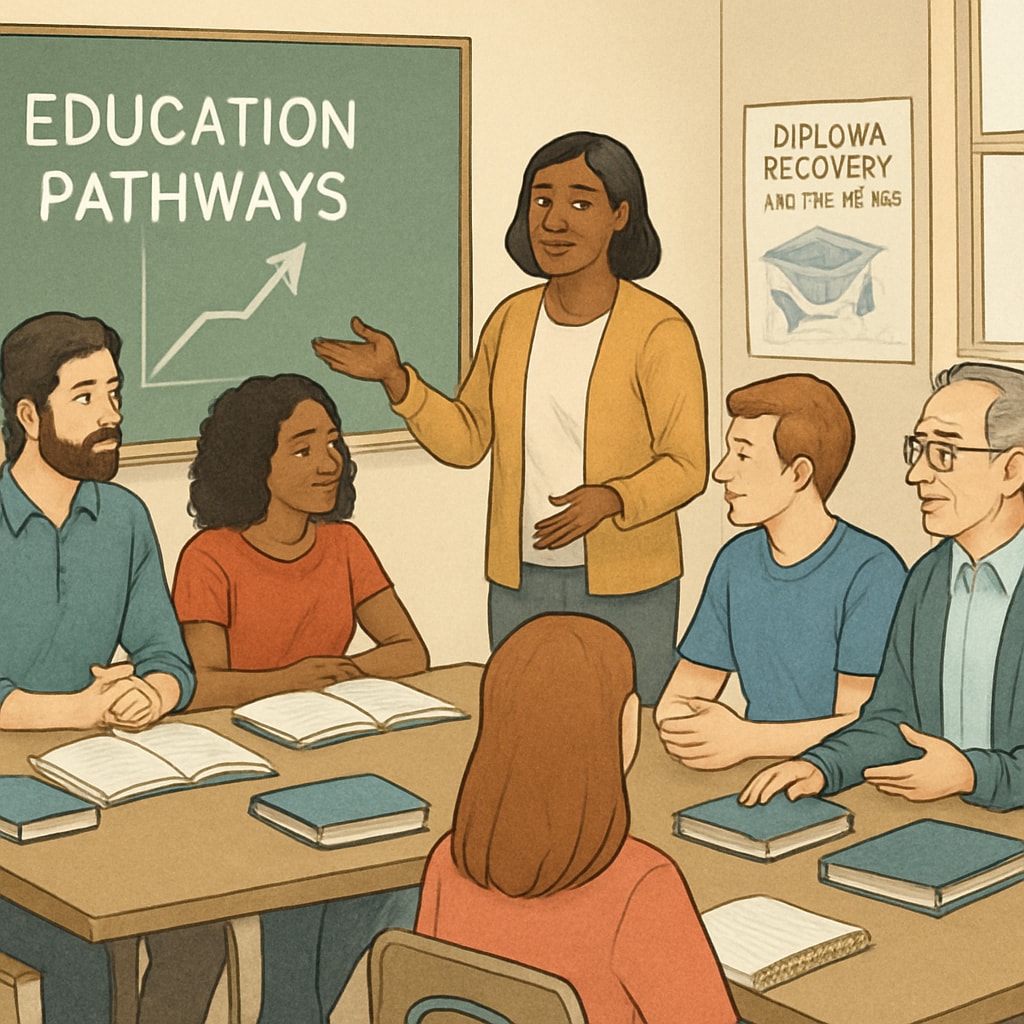 A group of young adults and mentors discussing education options in a community setting.