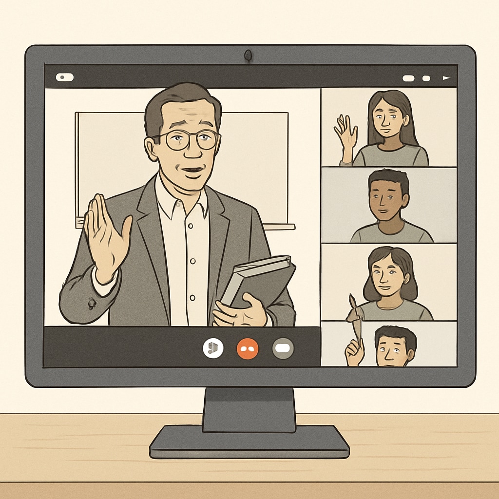An online classroom session on a computer screen, showing a professor and students interacting virtually. Online education session for professionals balancing work and study.