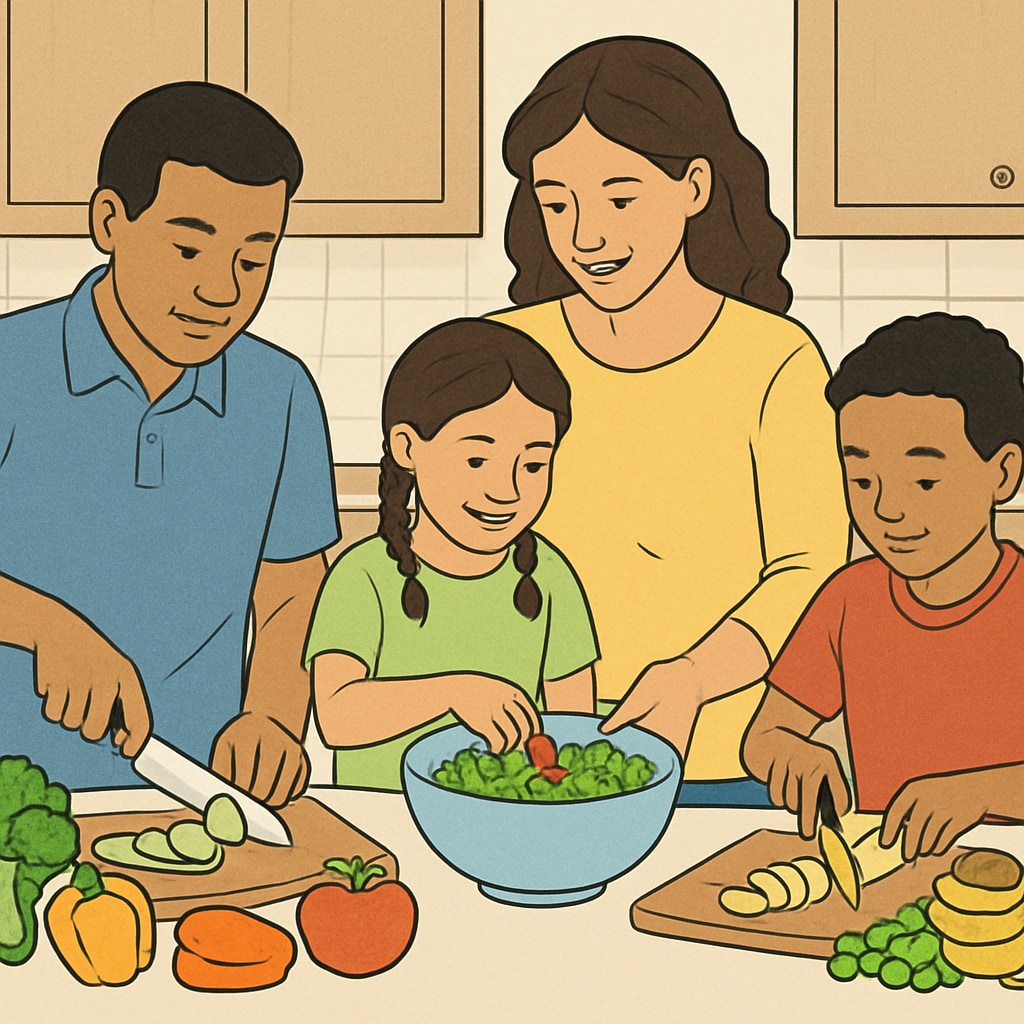 Family cooking a healthy meal together, reinforcing healthy habits for teenagers.