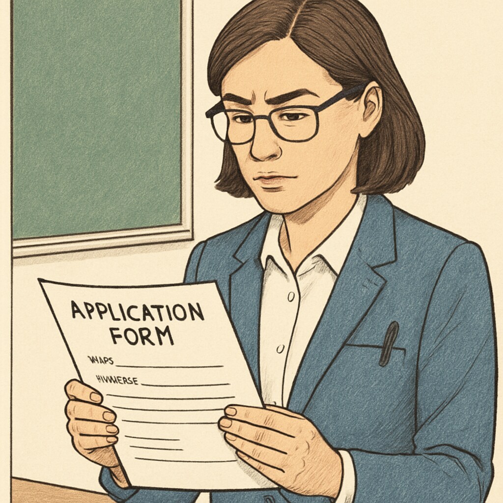 A teacher holding an application form, symbolizing scrutiny in the hiring process. Teacher screening application process, symbolizing political inclination tests.