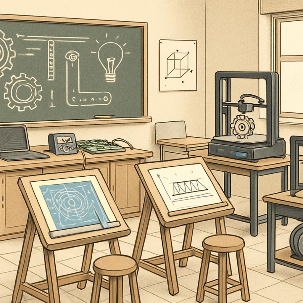A classroom equipped with advanced engineering tools, representing the intersection of education and engineering. A classroom with engineering tools showcasing education and engineering synergy.